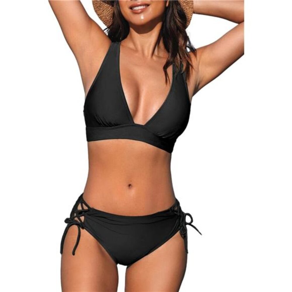 Women Bikini Black Two Piece Swimsuit‎ V Neck Triangle Top Wide Strap Cross Back